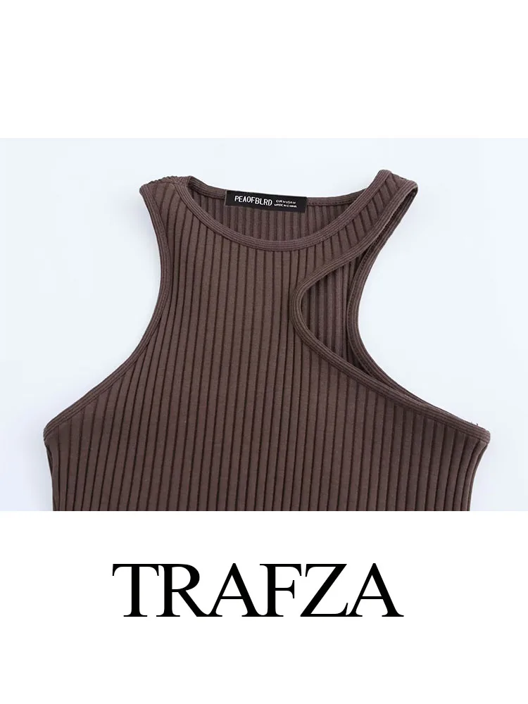 TRAFZA Summer Female Crop Waist Opening Design Dress Woman O-Neck Knitted Rib Dew Shoulder Sleeveless Slim Midi Dresses Mujer