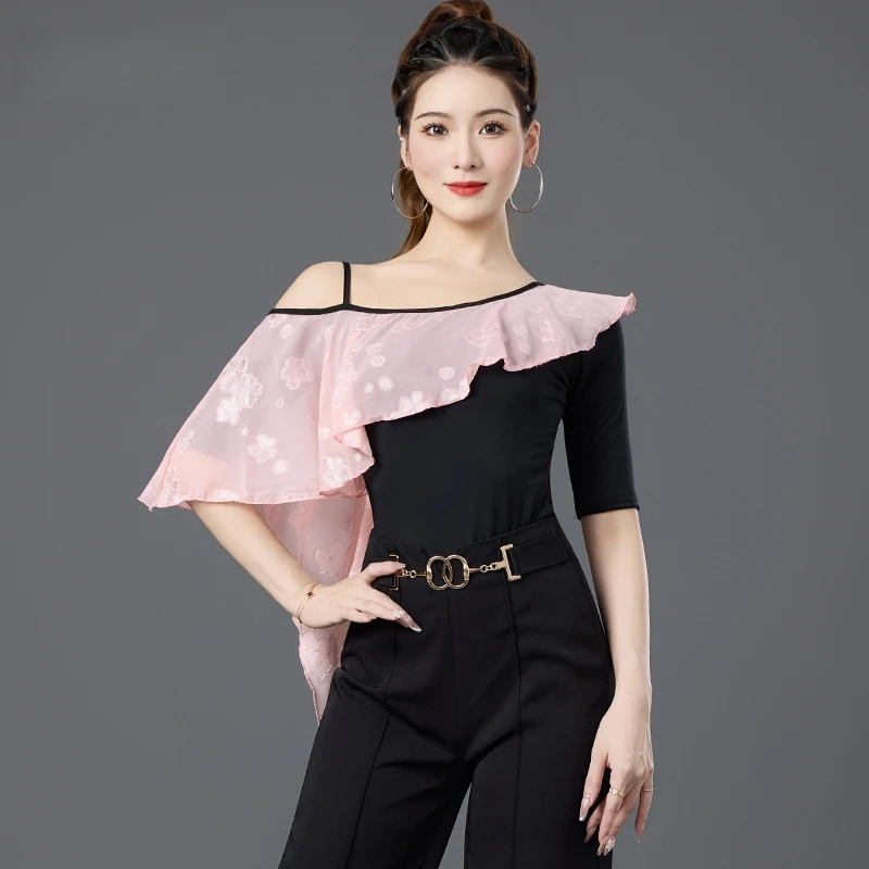 Latin dansjurk Topshirt Oefenjurk Nieuwe moderne dansjurk voor dames Vriendschapsdans Enkele schouder Mouw uit één stuk