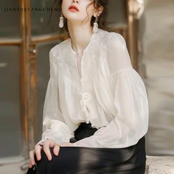 Fashion Lantern Sleeve Embroidered White Chiffon Blouse Women Spring Summer Top Lightweight Loose Female Plus Size Elegant Shirt