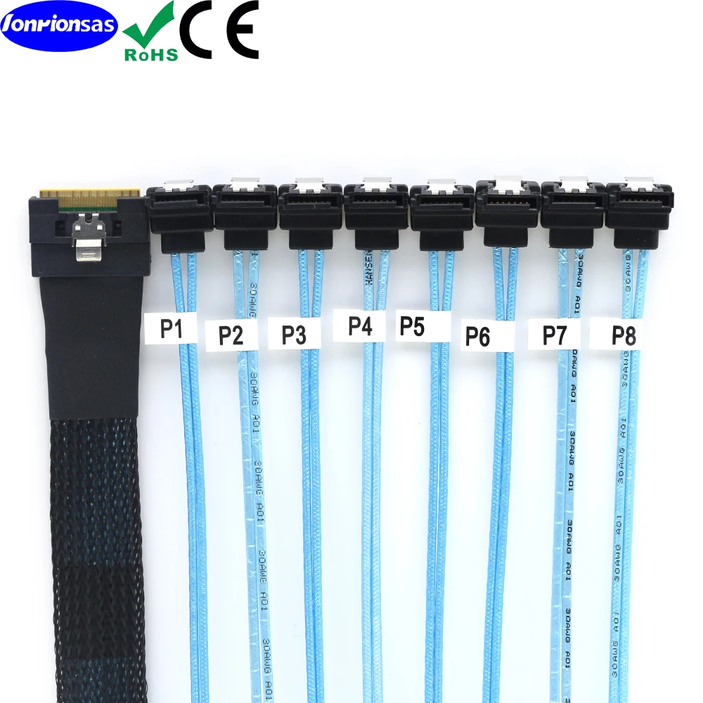 All inclusive Anti oblique insertion SFF-8654 8i PCI-E Ultraport Slimline 4.0 to 8X SATA 7P 90 degree female Cable