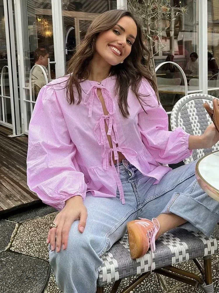 

Винтажные женские свободные рубашки с пышными рукавами, 2024, модные женские милые блузки с бантом и пуговицами для женщин, топы с оборками, шикарная одежда