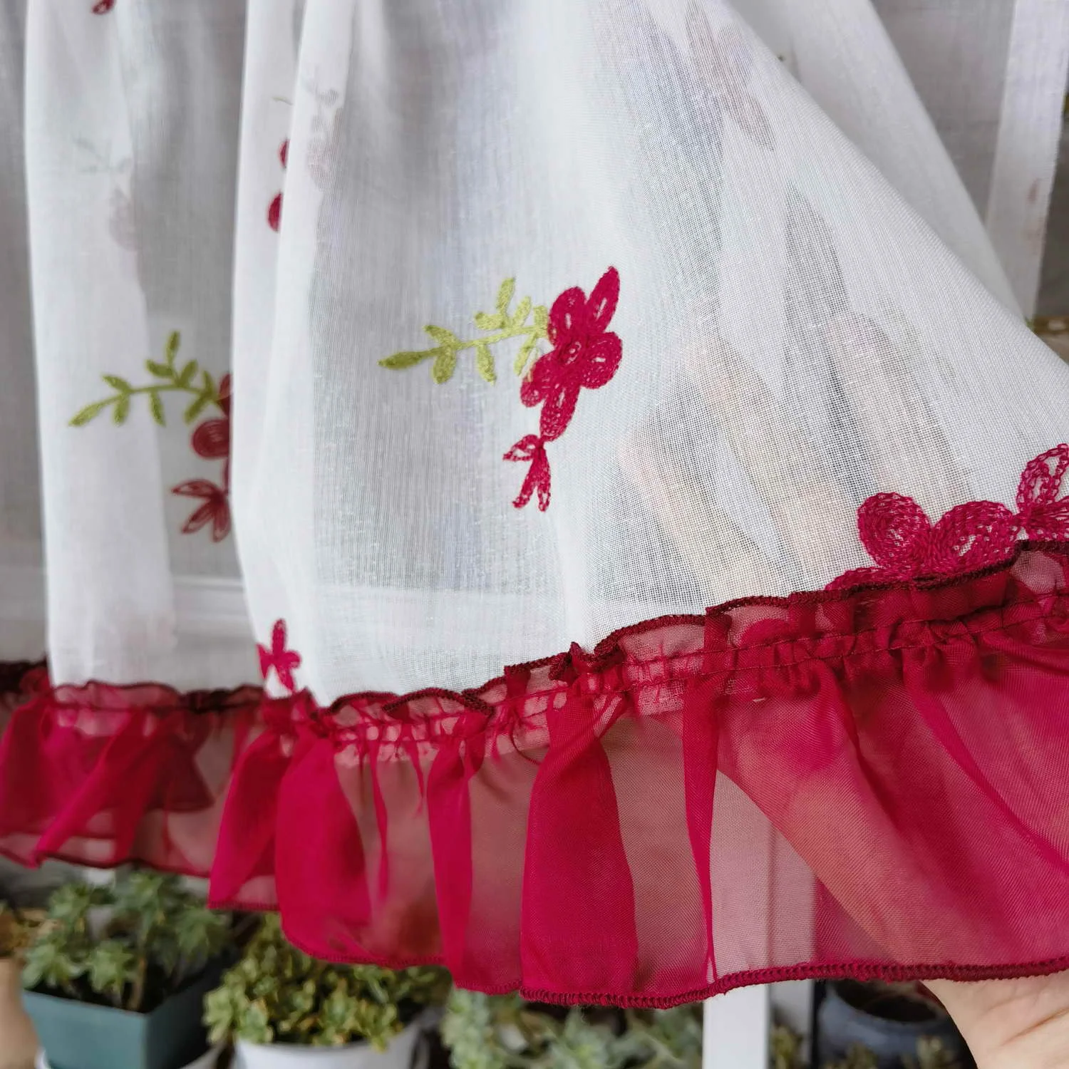 Lace Curtain For Kitchen Red Floral Tulle Curtain For Bay Window Short Curtain Door Partition Cabinet Sheer Drape DL-WP261#40