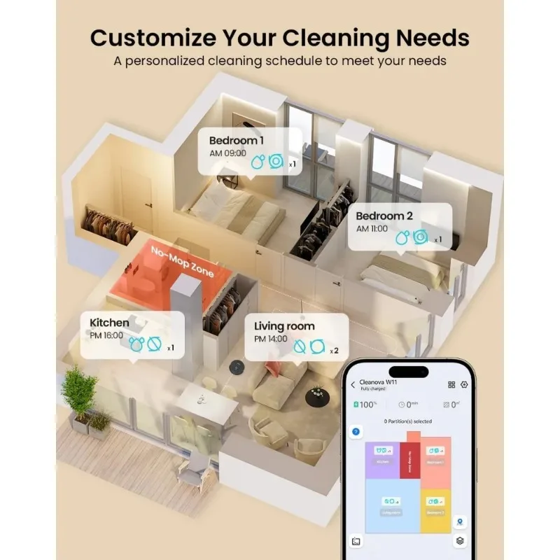 مكنسة وممسحة روبوت W11 مع تفريغ ذاتي، سعة 60 يومًا، ملاحة LiDAR، رسم خرائط منزلية، شفط 3000 باسكال، مناطق لا تذهب، روبوتية