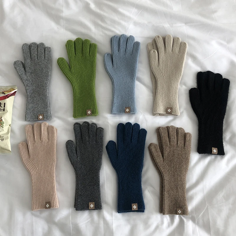 

Johnature Korean Version Of The New Wool Solid Color Gloves 2024 Knitted Thicken Wam Five Finger Touch Screen Riding Gloves