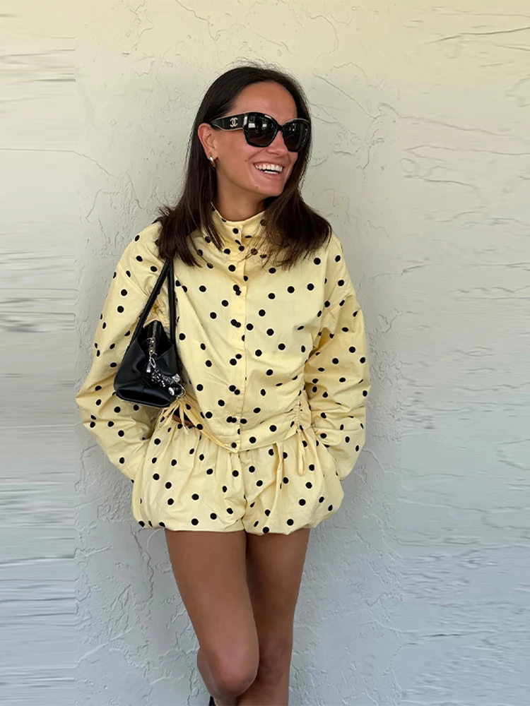 Damen-Shorts-Sets mit Falten und Polka Dots, Langarm-Schnürjacken, Hochgeschnittene Ballonshorts, Streetwear für Büro und Party, Neu – Detail 21