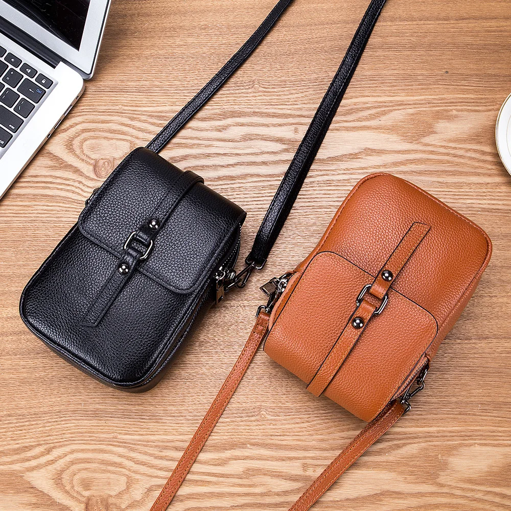 A cross-body bag for a mobile phone for women Multi-functional mini bag Vertical double-layer leather mobile phone bag