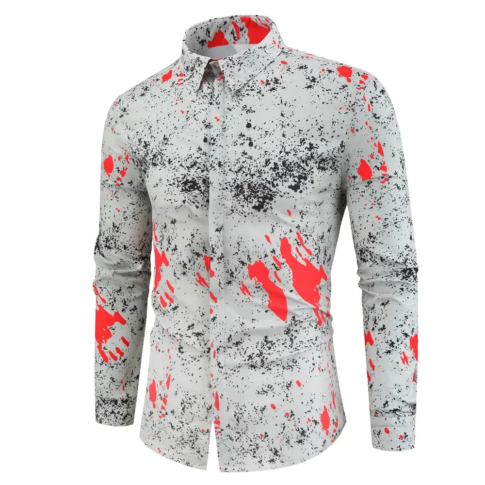 Camisa estampada de baralho casual masculina 3D, manga comprida, blusa floral básica, moda masculina, festa de luxo