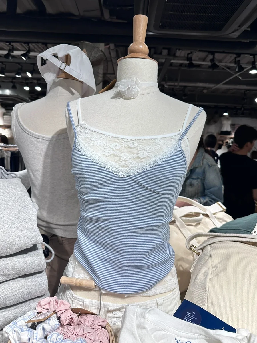 Blue Striped Lace Trim Tank Tops Women New Sexy V-neck Cotton Sleeveless Slim Crop Top Summer Camisoles Vintage Sweet Vests Y2k