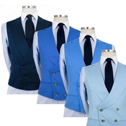 Custom Made New Blue Double Breasted Vest with Shawl Lapel Slim fit Beige Groom Best Man Wedding Beach Waistcoat Sleeveless Coat