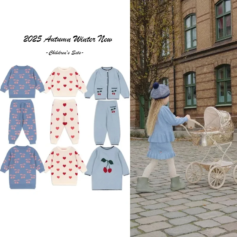 

2025 New Girls' Clothing Cardigan Sweater Jacket Knitted Pants Birthday Pink Princess Temperament Cherry Pattern Pure Cotton Top