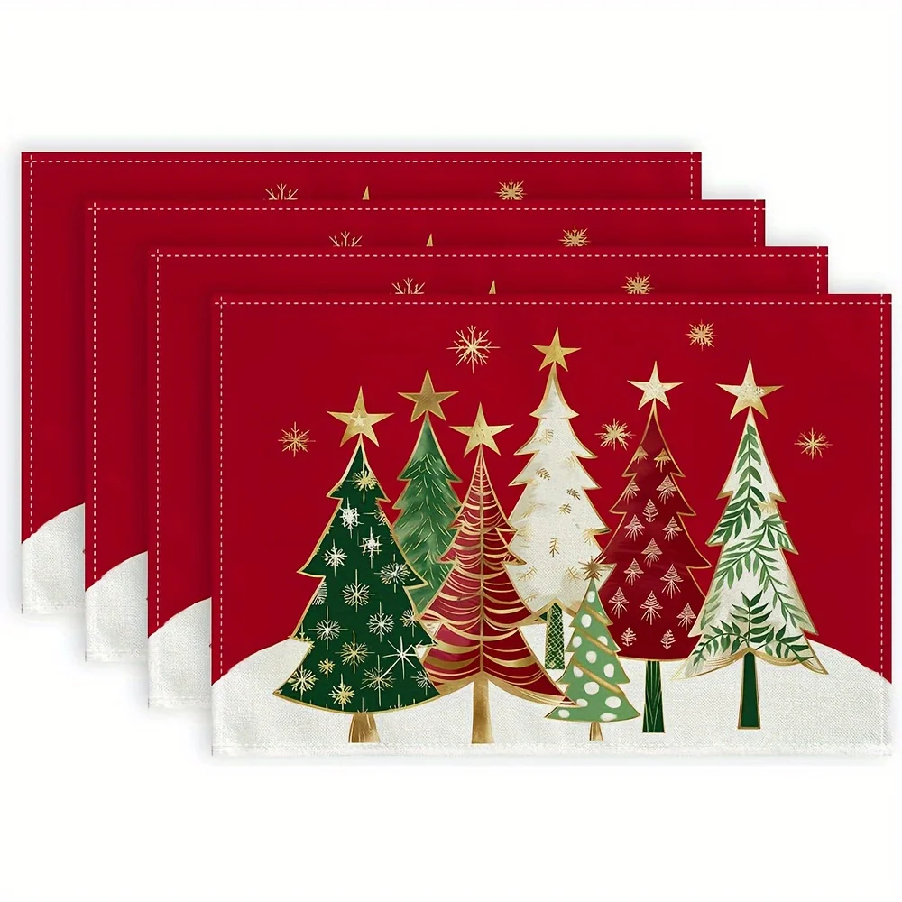 4pcs 18x12 Inches Christmas Placemats Set Xmas Tree Red Table Decor Winter Burlap Farmhouse Seasonal Party Decoration Mats