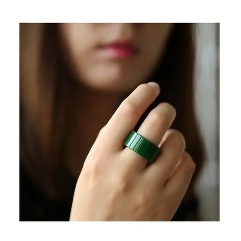 Natural green Hetian Jade Ring Chinese Jadeite Amulet Fashion Charm Jewelry Hand Carved Crafts Gifts for Women Men