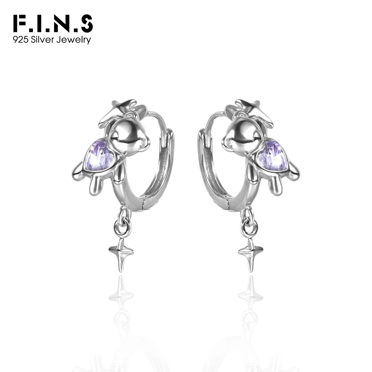 

F.I.N.S Original Love Heart Bear Ear Buckle S925 Sterling Silver Sweet Cute Purple Zircon Piercing Hoop Earrings Fine Jewelry