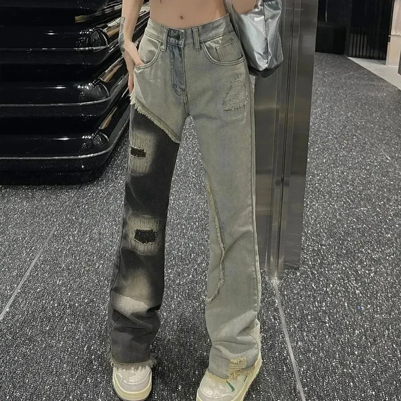 Jeans strappati da donna Pantaloni in denim a vita alta per donna con fori Pantaloni Splicing Unico all'ingrosso chic ed elegante Vintage Z