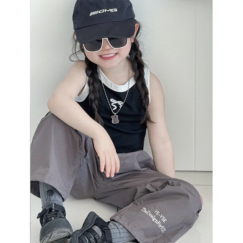 Deer Girls' 2024 Spring New Children's Fashionable Letter Sports Refreshing Casual Pants Loose And Trendy