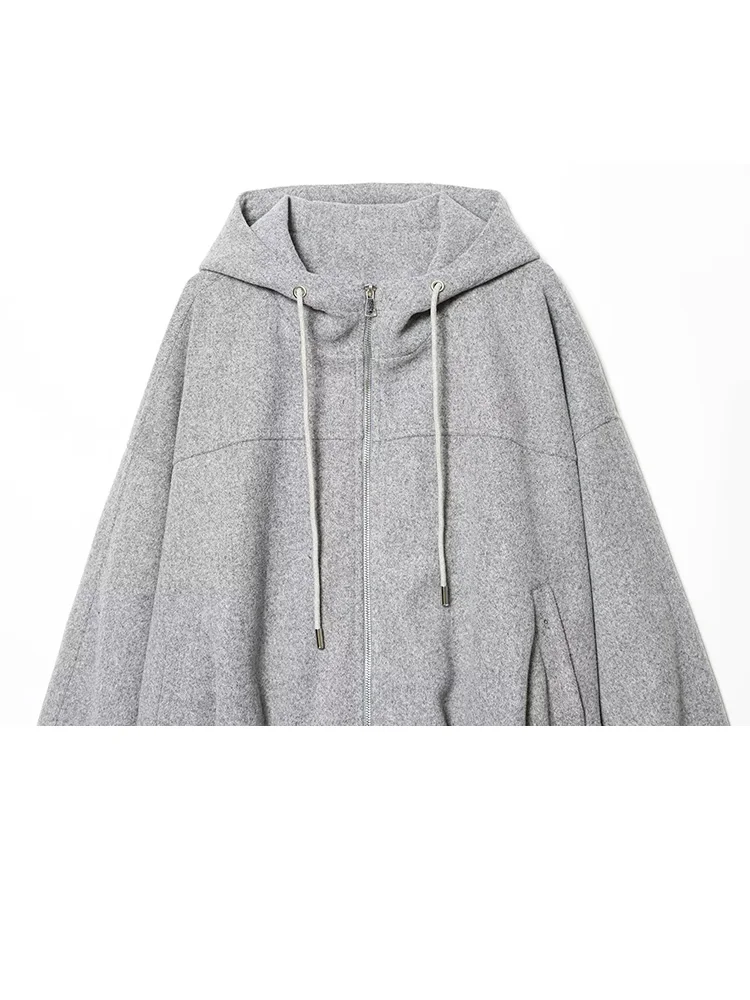 

HH Women Fashion Drawstring Zipper Jacket Female Autumn High Street Casual Long-Sleeved Solid Pockets Loose Hooded Jacket