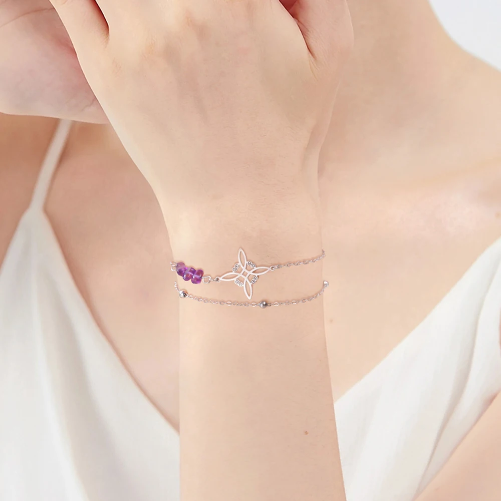 Skyrim Purple Crystal Witch Knot Charm Bracelet Women Stainless Steel Double Layer Beads Chain Amulet Witchcraft Jewelry Gift view 6