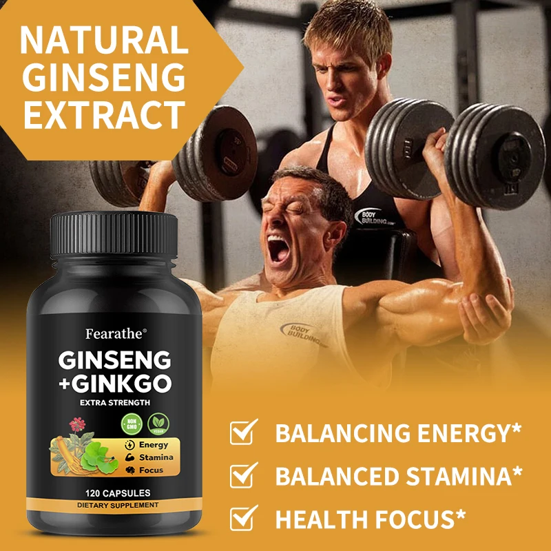 Korean Ginseng+ Ginkgo, 120 Veggie Caps, Ginseng Root Extract 1650mg (10% Ginsenosides) + Ginkgo, Energy & Focus for Men & Women