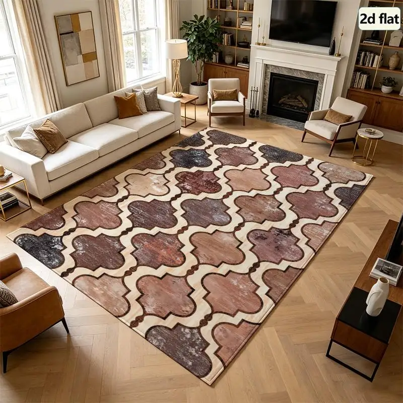 [2D Flat] 1PC Geometric Moroccan Lattice Area Rug Warm Multi-color Rug For Hallway Living Room Furniture Sets Indoor Matts For Entryway Washable Checkered Rug Farmhouse Area Rugs Laundry Kitchen Dorm