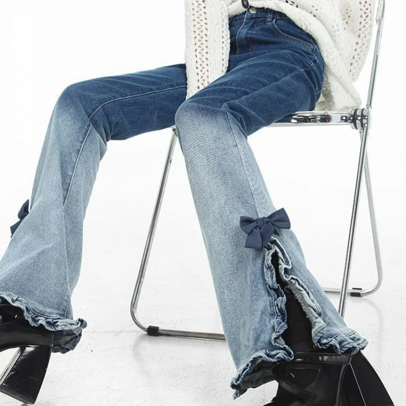 

Korean Gradient Bow Design Micro Horn Jeans Women Spring High Waist Slim Distressed Wash Denim Pants Retro Straight Trousers New