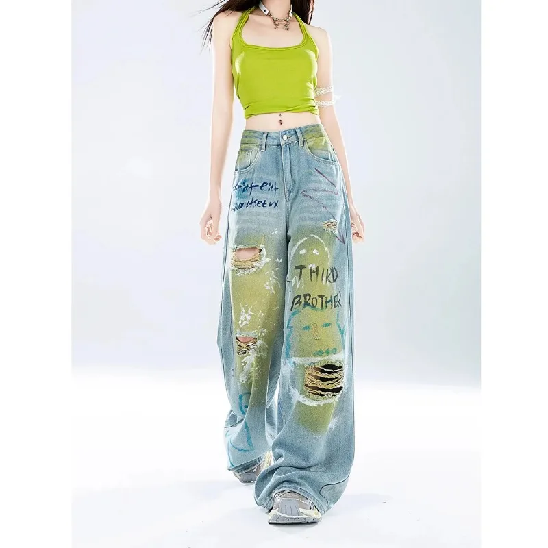 

Women's Graffiti Print Distressed Baggy Jeans High Waist Wide Leg Gradient Denim Pants Y2K Streetwear
