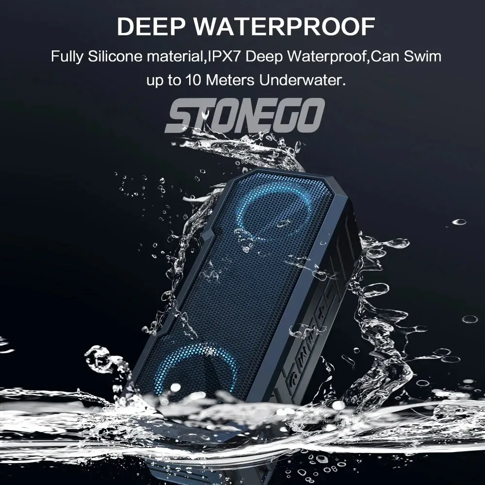 Portable Bluetooth Speaker, Wireless Flashing Lights, TWS Bass Stereo, IPX7 Waterproof, FM, 12H Playtime