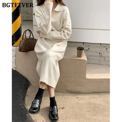 BGTEEVER Casual Thicken Warm Loose Sweater Dress Women Autumn Winter Lapel Full Sleeve Solid Long Knitted Dress Female vestidos