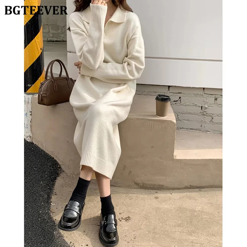 BGTEEVER Casual Thicken Warm Loose Sweater Dress Women Autumn Winter Lapel Full Sleeve Solid Long Knitted Dress Female vestidos