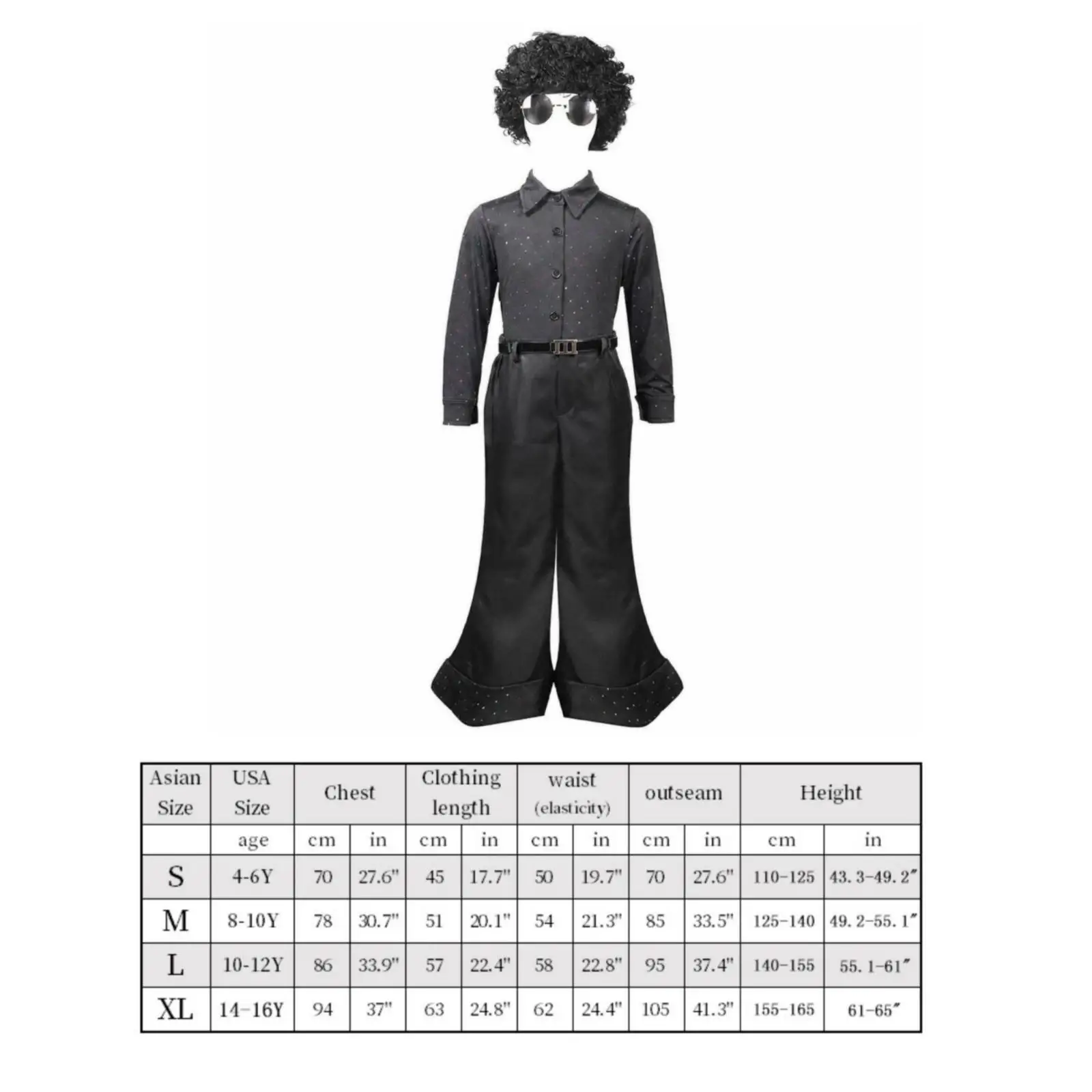 70s Disco Men Costume with Polyester Button Shirt Matching Flared Pants and Retro Sunglasses for School Events