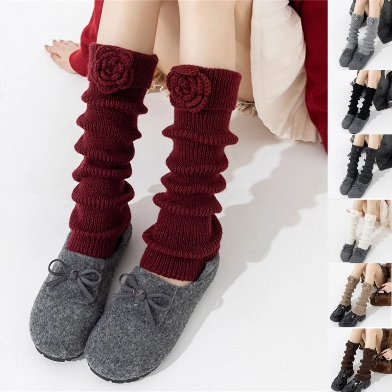 

Elegant 3D Flower Leg Warmers Soft Acrylic Ribbed Knit Turn Cuffs Leg Covers Calf Length Footless Socks for Women