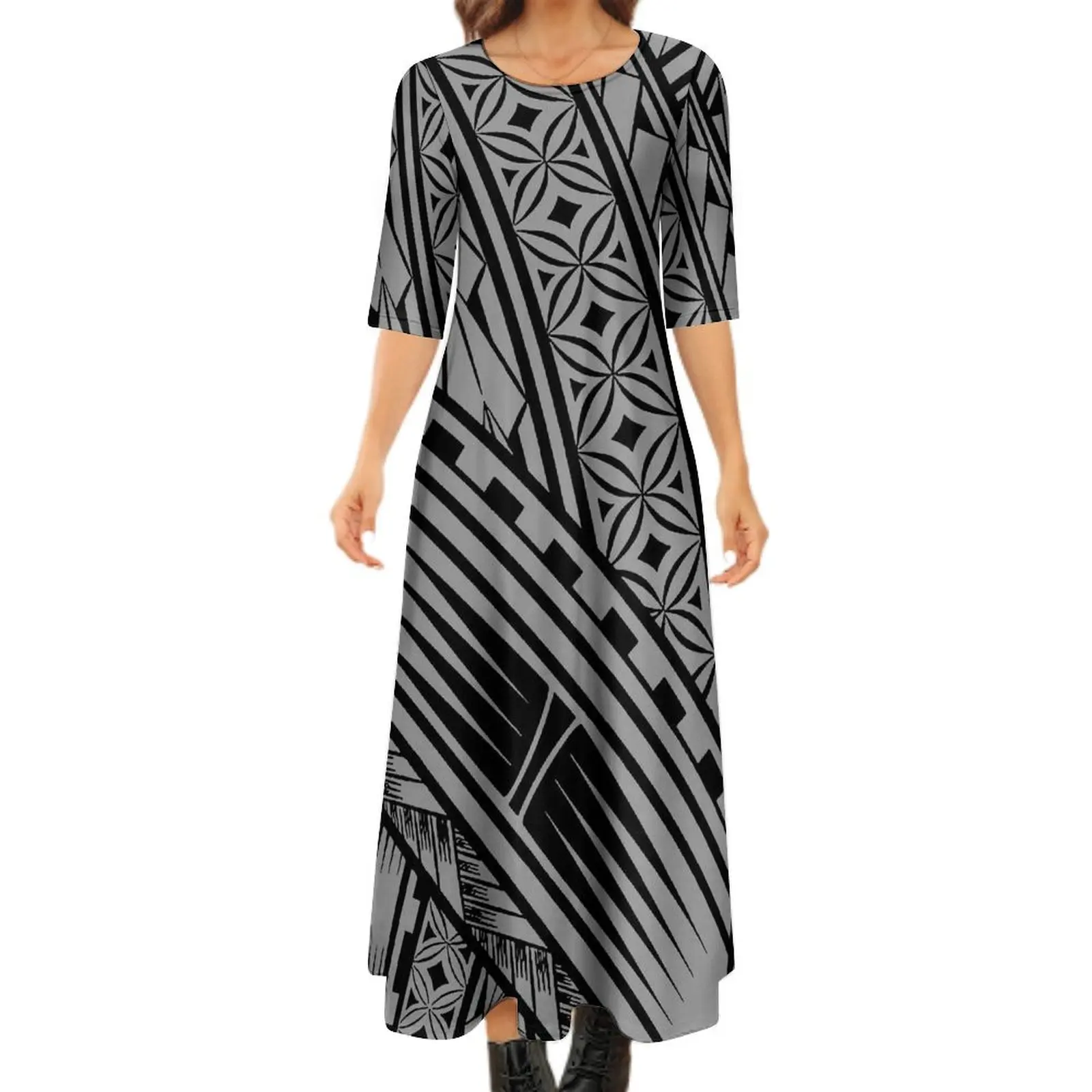 Women'S Mid-Sleeve Dress Hawaiian Style Polynesian Island Design Crew-Neck Long Dress Evening Gown