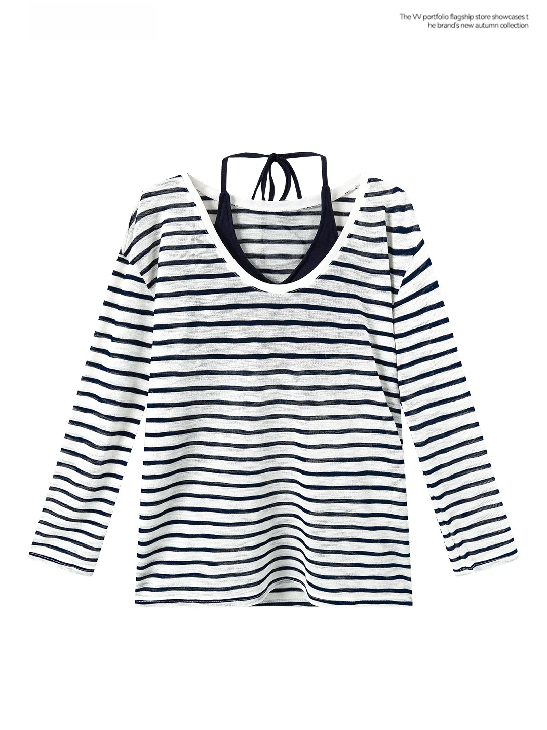 Camiseta coreana de manga larga con cuello en V y rayas azules y blancas, estilo dulce y picante, para mujer, conjunto de dos piezas con chaleco de tirantes para el verano.