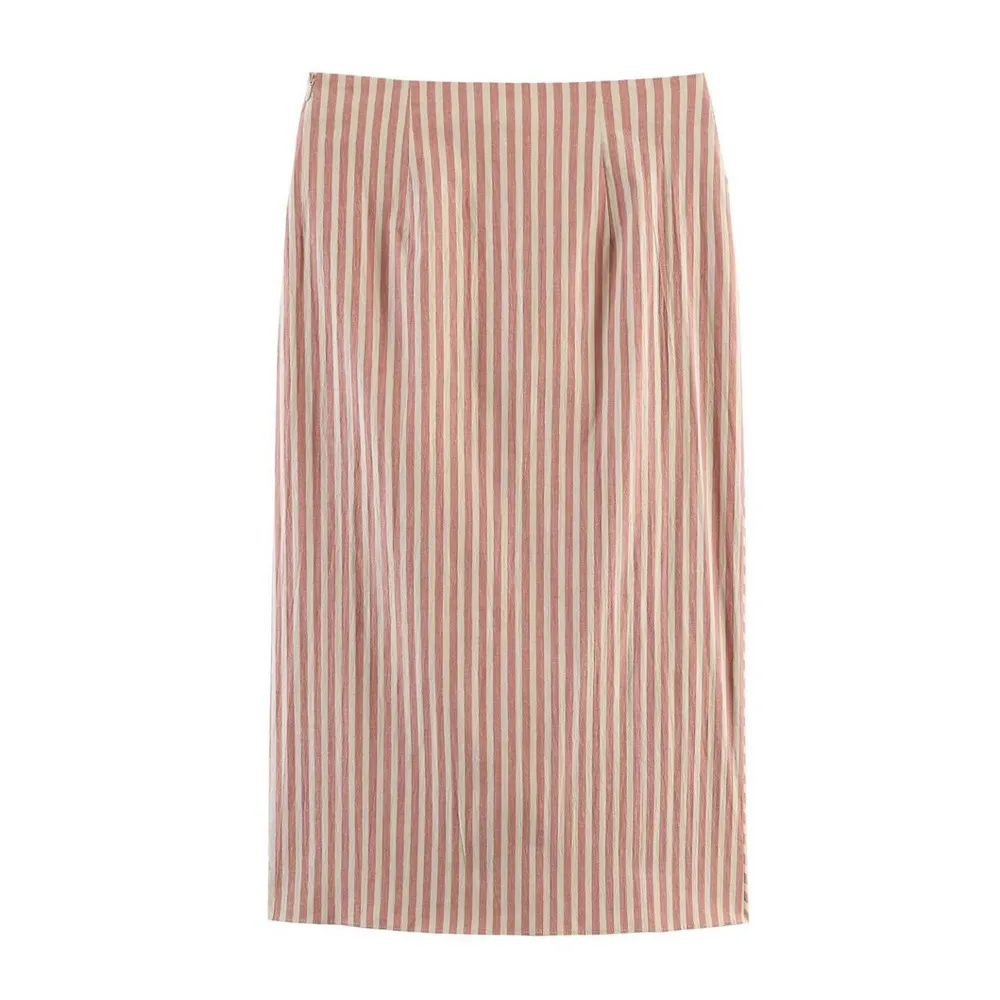 Spring Summer Vintage Orange Apricot Stripes Print Midi Long Skirt Women Front Ruched Side Zipper Low Waist Skirts Femme Sakers