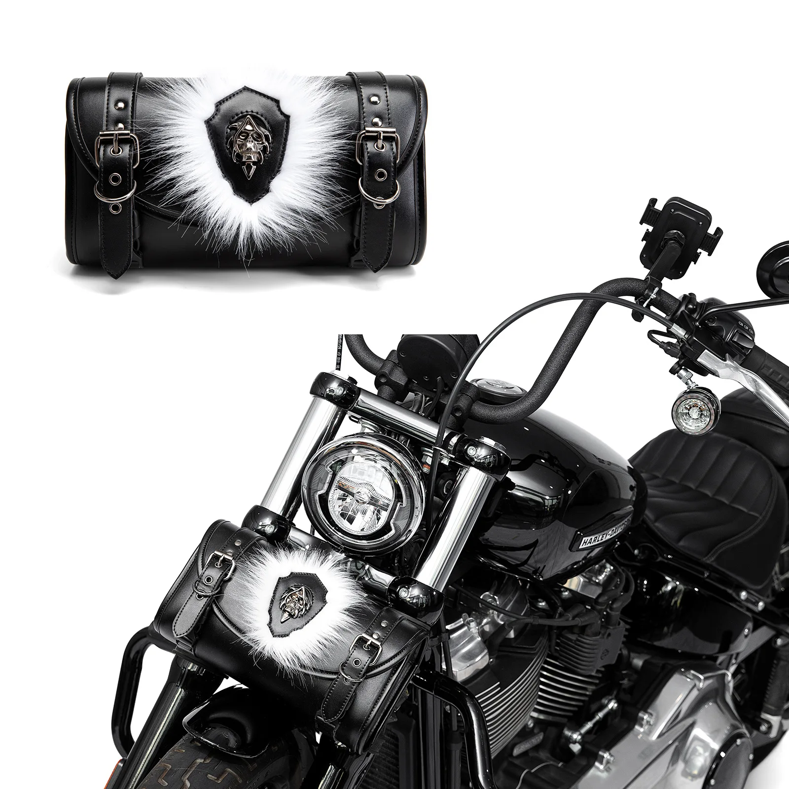 Pu Vintage Punk Style Modified Motorcycle Front Bag Motor Rider Equipment Storage Hanging Bag Steampunk Cosplay Props Skull Logo