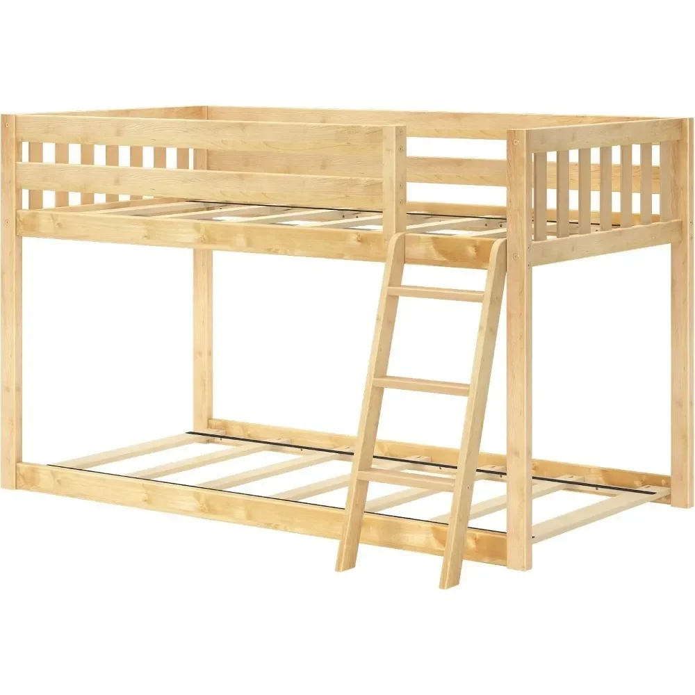 

Lit jumeau bas basique, cadre de lit moderne en bois massif pour enfants, avec lattes en bois de bain, finition non cubique