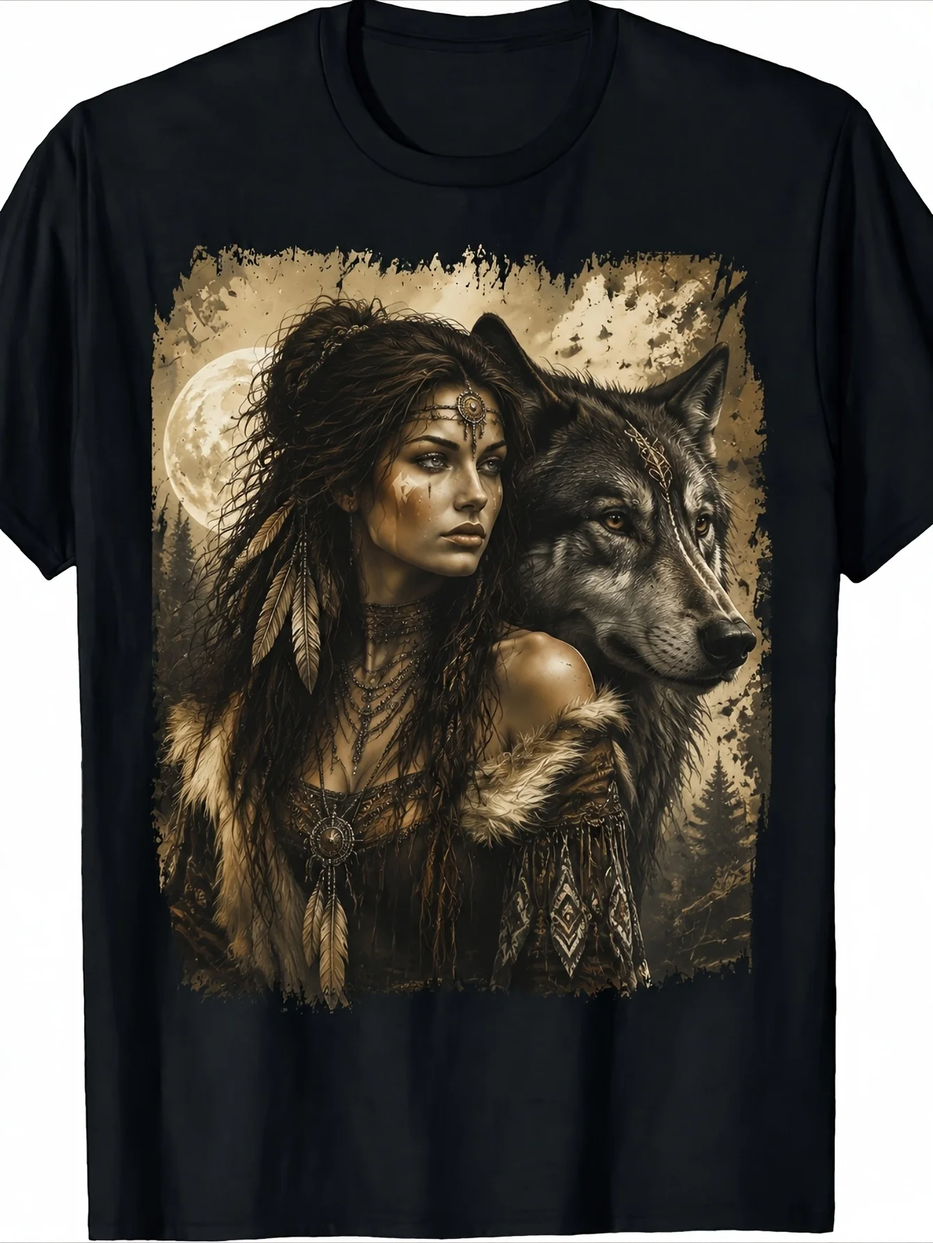 Men'S T-Shirt Men'S Short Sleeve Crew Neck Graphic T-Shirt Tribal Woman and Wolf Full Moon Art Print for Casual Everyday Wear