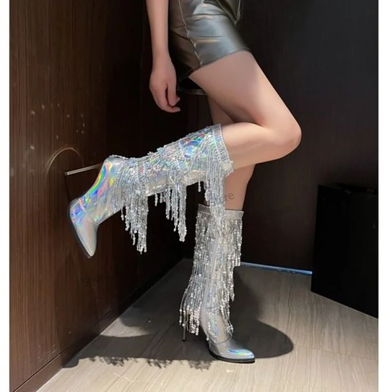 

Knee High Silver Metallic Fringe Boots Stilettos High Heel Shoes for Women Side Zipper Pointed Toe 2023 Zapatos Para Mujere