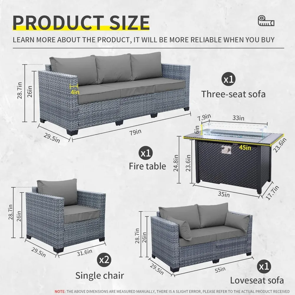 Sofa garnitur, 5-teiliges Salon-Set im Freien, Pe-Rattan-Schnitts ofa mit 45-Zoll-Feuerstellen tisch und rutsch festen Kissen, Sofa-Terrassen garnitur