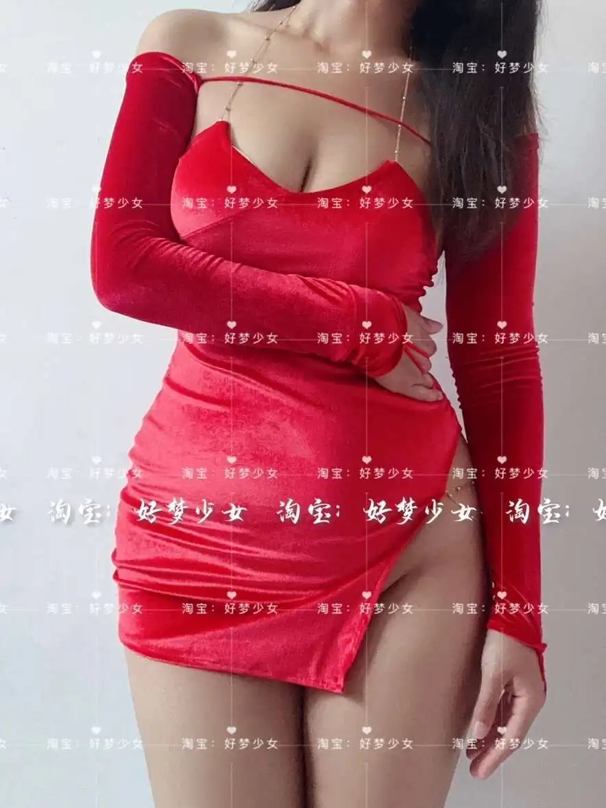 WOMENGAGA Sexy Red Velvet Chain Open Back Split Mini Dress Spicy Girl Christmas New Year Strap Dress Girl Women Tops X8NL