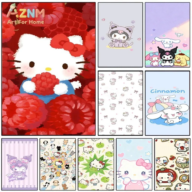 Sanrio Characters Hello Kitty Cinnamoroll Kuromi Canvas Poster Cute Cartoon Print Unframed Canvas Art Raspberry Fruit Sweet Kawa