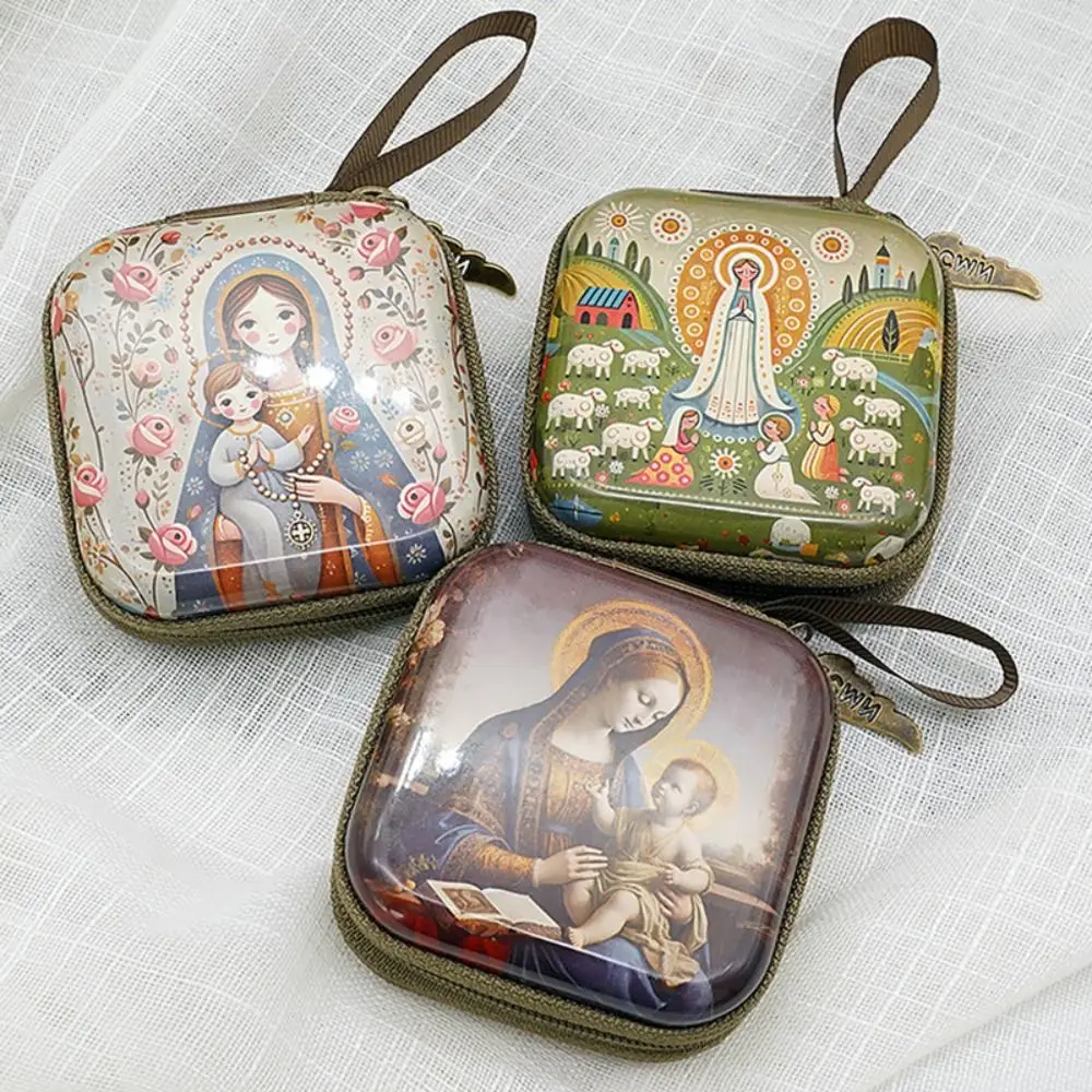 

Portable Virgin Mary Prayer Rosary Storage Bag Zippered 7x7cm Jewelry Box Cartoon Elegant Christian Gift Devotees