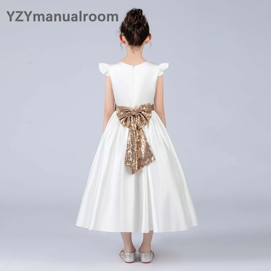 Flower Girl Dresses Elegant Satin Big Bow Tea-Length Concert Junior Pageant Birthday Party Princess Ball Gowns Banquet Dresses