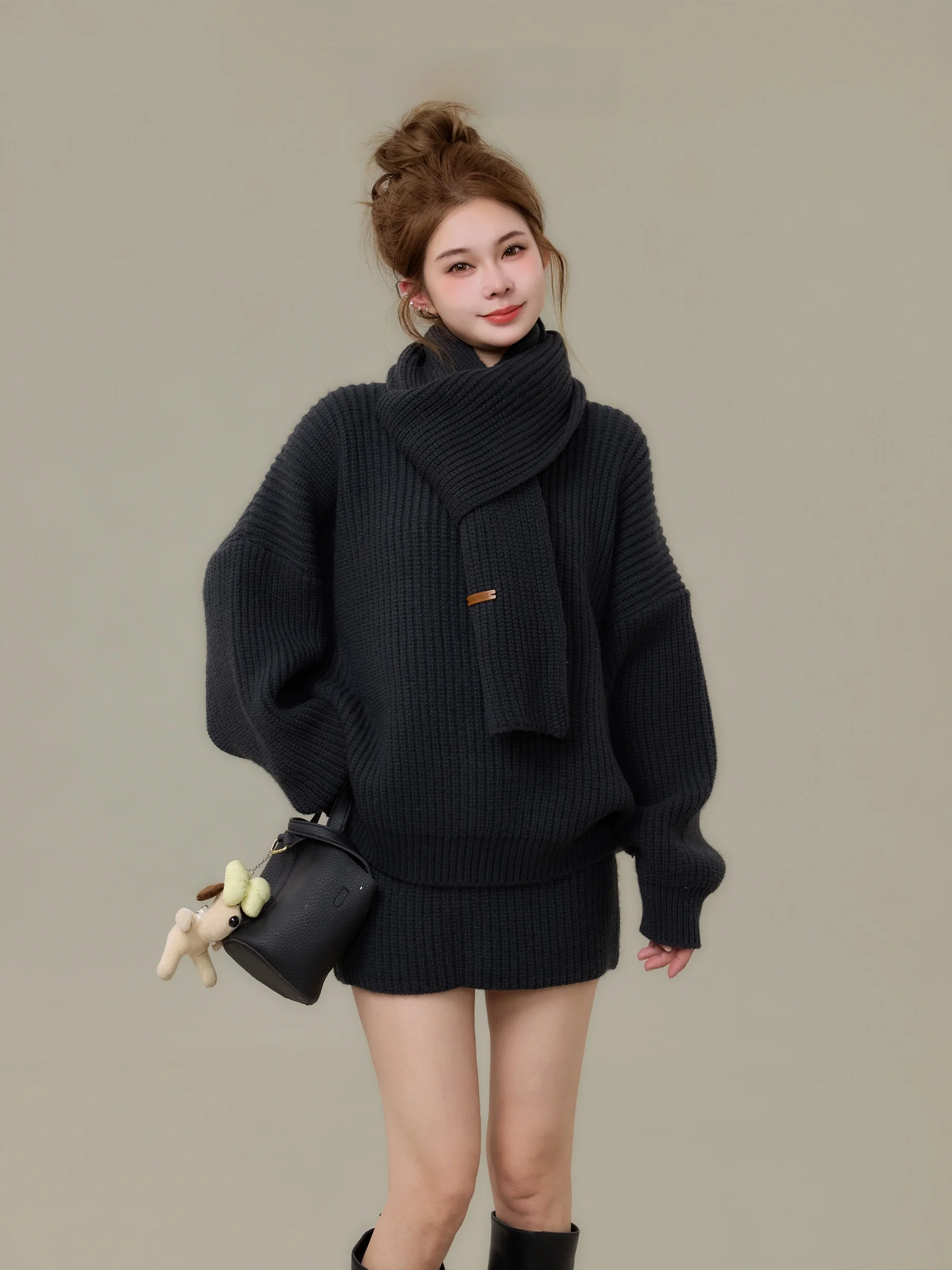

Korean Sle Loose Knitted Set Women's Autumn Winter Scarf Sweater ort Skirt Tee Piece Set Faionable Casual Outfit