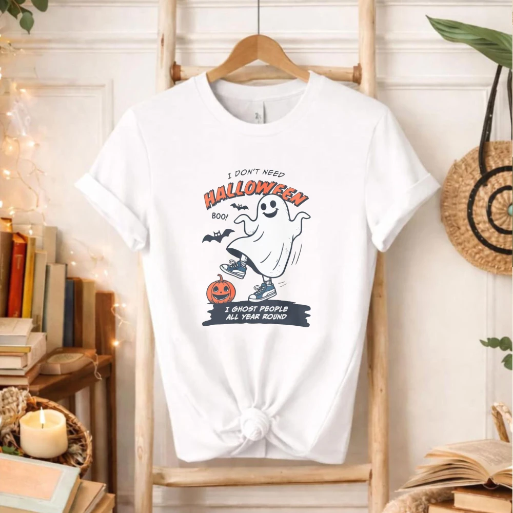 Funny Dancing Ghost Graphic T‑Shirt Halloween Slogan Bat Pumpkin Jack‑o‑Lantern Cartoon Spooky Holiday Party Casual Fashion Tops