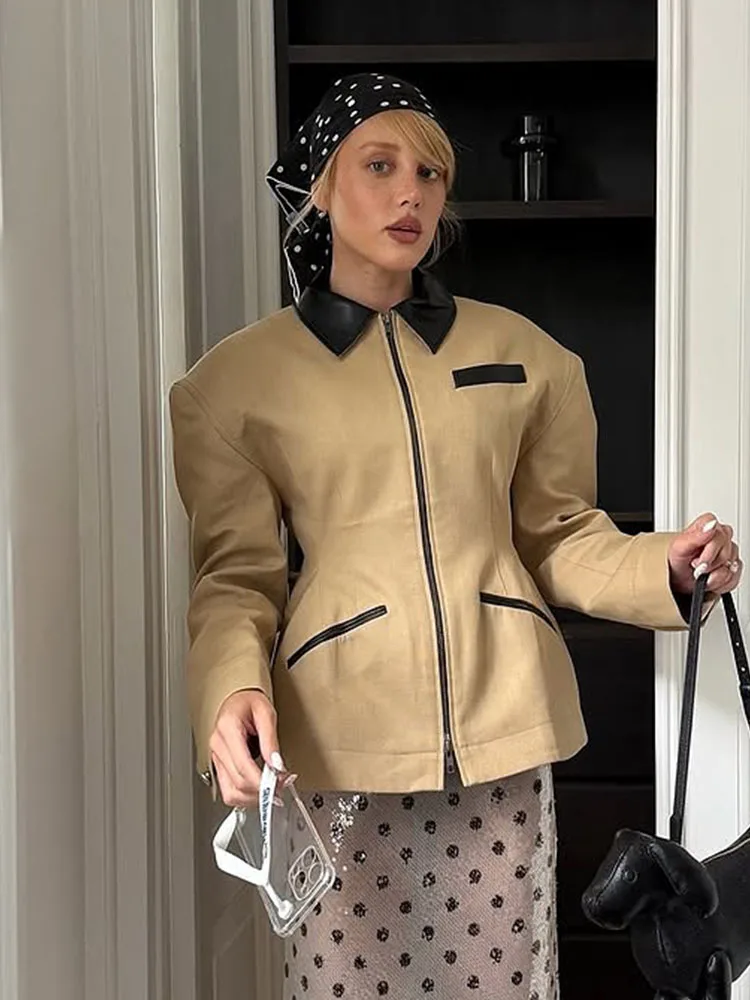 

HH Woman Long Sleeves Zipper Artificial Leather Patchwork Effect Pocket Decoration Lapel Short Coat Female Autumn Casual Jacket