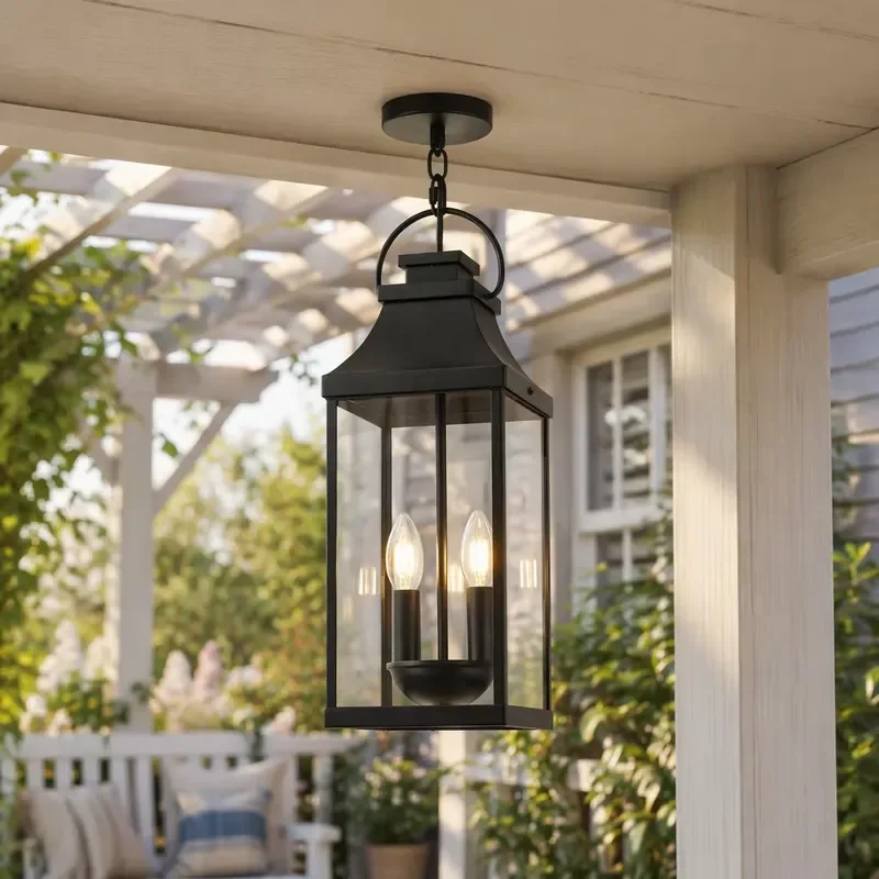 for E12 Candle Bulbs Garden Black Chandelier Glass Lantern Front Porch Lighting Outdoor Entrance Ceiling Chandelier