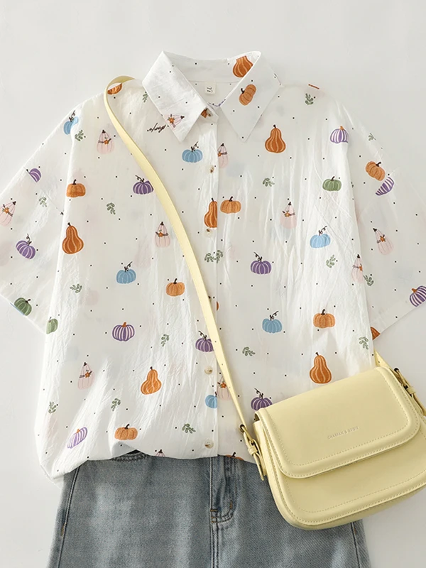 

Summer New Loose Pure Cotton ort Sve Printed Women's Open Cardigan irt Slimming Age-Defng Regular Fit Collar