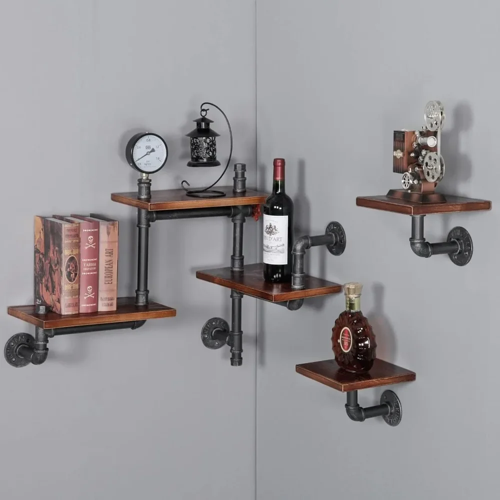 Industrial Rustic Pipe Shelving Floating Shelves Wall Mounted, Laye Modern Wood Ladder Pipe Wall Shelf for Bar L