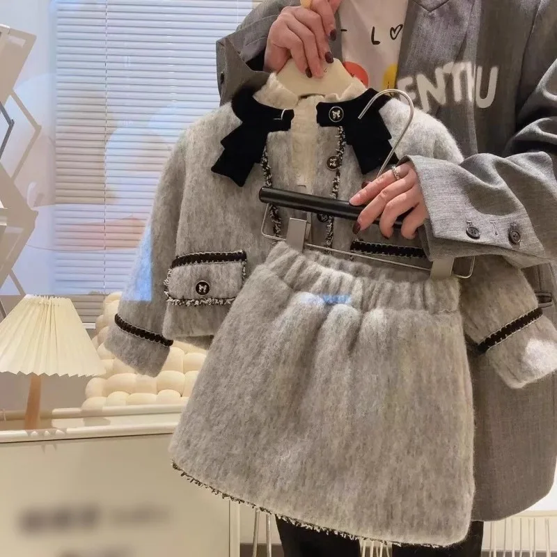 

TOY-Autumn Winter New Woolen Girls' High-End Princess Thickened Padded Short Coat and Short Skirt Two-Piece Set