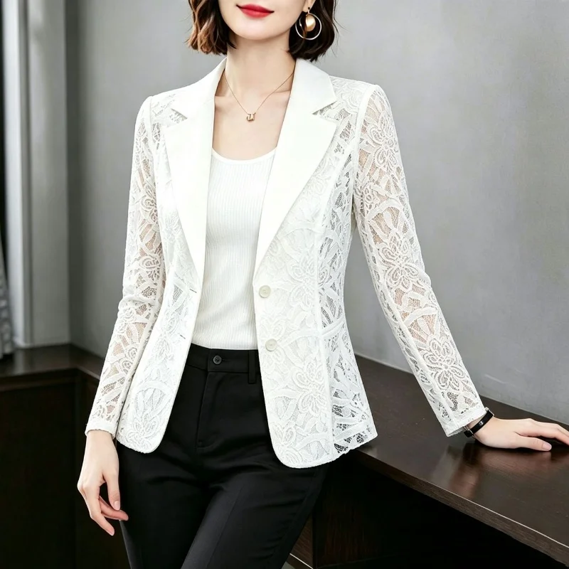 Red Lace Blazer Women Floral Pattern Long Sleeve Notched Collar Slim Fit Single Breasted Jacket Office Lady Spring Autumn
